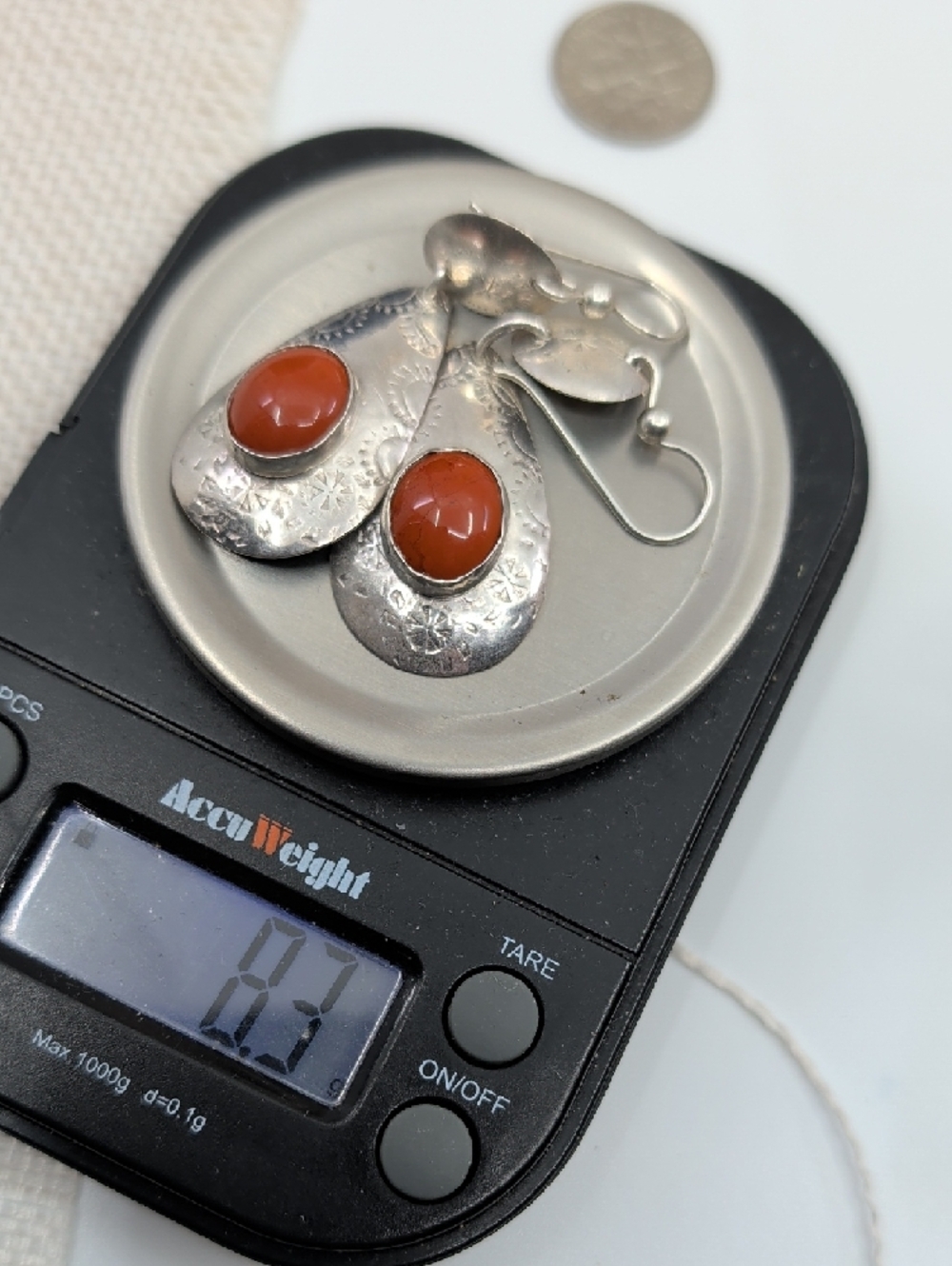 Vintage Sterling Silver Red Coral Cabochon Teardrop Dangle Earrings Artisan - Picture 10 of 17